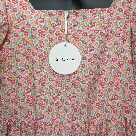 Storia Women's Floral Puff Sleeve Babydoll Mini Dress Size M Cottage NWT - Picture 3 of 13